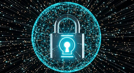 Digital lock symbol protecting data in a futuristic network