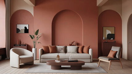 Elegant living room with arched walls comfortable sofa and stylish armchairs in warm terracotta tones