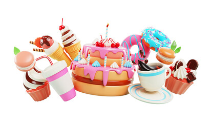 Pink 3d birthday cake with candles render. Realistic holiday banner with sweet desserts - cupcake, donut, macaron, ice cream, drink on blue background for b-day and anniversary party