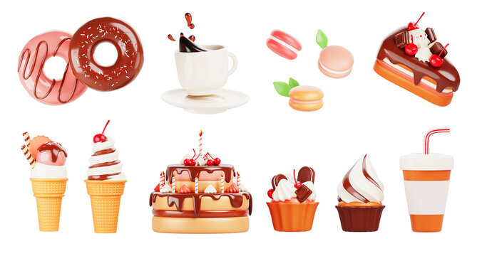 Sweet food 3d realistic render icon set. Birthday chocolate cake with candles and cherry, cupcake, donut, macaron, ice cream, coffee cup and soda drink for bakery shop or cafe menu