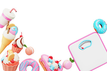 Dessert frame with scale on blue background render top view. Unhealthy diet and overweight problem concept. Sugar and junk food border of sweet cake, donut, ice cream, soda drink cup