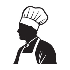 Silhouette of a chef in profile wearing a classic chef's hat and apron White Background. 