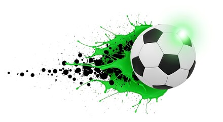 Dynamic soccer ball exploding with green splatter and particles