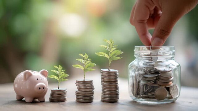 Piggy bank with stacked coins and plants growing beside coin jar savings