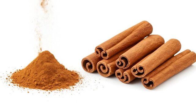 Cinnamon spice composition brown powder and sticks on white background for culinary and flavor concepts