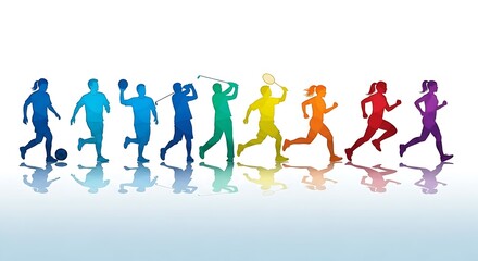 Diverse group of athletes in colorful silhouettes engaged in various sports