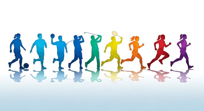 Diverse group of athletes in colorful silhouettes engaged in various sports