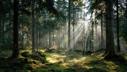 Obraz premium Sunlight streams through a dense forest