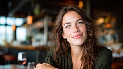A young woman with a warm smile is captured in a cozy restaurant, engaging with the atmosphere around her, embodying comfort, relaxation, and comfort in social settings.
