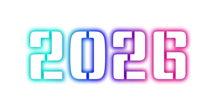 Happy New Year 2026 colorful text graphic. A modern illustration with a retro feel, the numbers 2026 with a vibrant gradient texture. A bold greeting element isolated on a transparent background. PNG