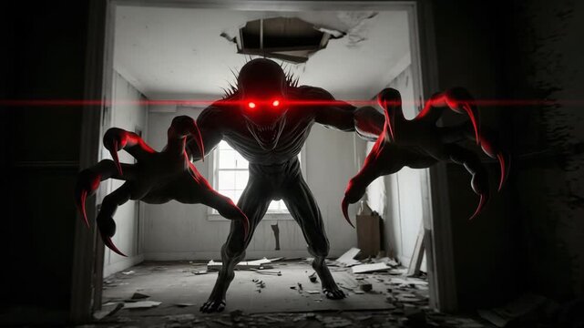 A creepy creature with red glowing eyes emerges from a dark corridor, stretching out its clawed paws.