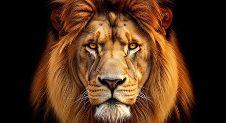 Naklejka premium Majestic lion portrait with intense gaze against black background
