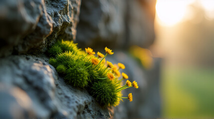 Yellow flowers and moss on rocky surface at sunset