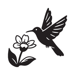 Silhouette of a hummingbird hovering near a flower. 