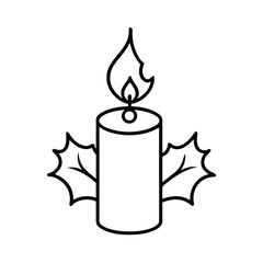Candle with decorative flame and holly leaves holiday festive outline artwork Line Art Vector illustration