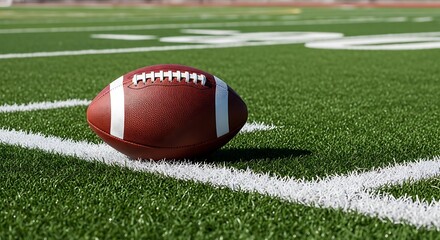 American football rests on the green field near the yard line