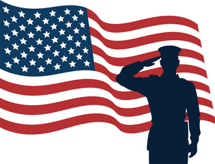Patriotic illustration of a soldier's silhouette saluting the American flag. Symbolizing honor, service, and national pride for the armed forces.