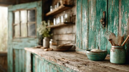 A cozy and rustic kitchen featuring aged green cabinets, wooden countertops, and an inviting atmosphere, perfect for warm culinary experiences and family gatherings.