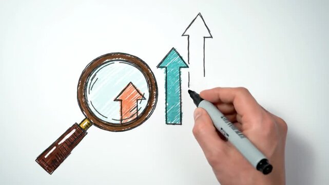 Hand drawn image on white background of magnifying glass, arrow, and upward trend lines