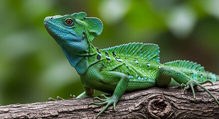 Vibrant green basilisk lizard with crest on branch