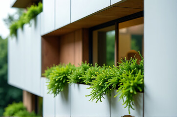 Fototapeta premium Modern architectural detail with wooden accent and plant