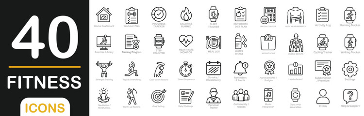 Set of 40 fitness line icons including gym, dumbbell, heart rate, running, yoga, stopwatch, scale, nutrition, and more. Perfect for health and workout designs.