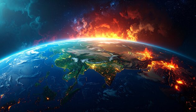 A dramatic view of the Earth, with fiery destruction engulfing a significant portion of its surface, highlighting the devastating impact of global calamity.