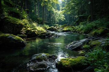 Obraz premium Tranquil forest stream. Sunlight filters through the trees