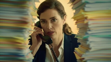 Serious businesswoman speaking on phone surrounded by stacks of office documents - Powered by Adobe