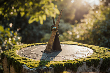 Vintage sundial on moss-covered stone