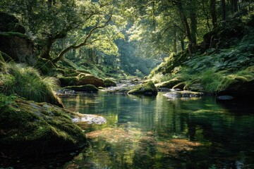 Obraz premium Sunlight streams through a tranquil forest stream