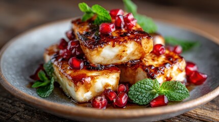 An aesthetically pleasing dish featuring grilled halloumi cheese topped with juicy pomegranate seeds and fresh mint, perfectly showcasing modern culinary artistry.
