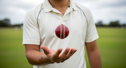 Cricket player holding a red cricket ball in mid air