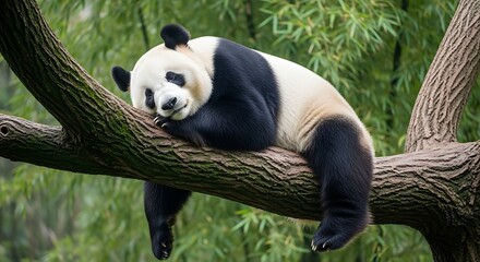 Obraz premium Giant panda relaxing comfortably on a thick tree branch