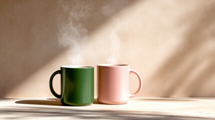 Two steaming cups of coffee exuding warmth and comfort, positioned on a soft neutral surface which invites a sense of calm and togetherness, perfect for coffee lovers.