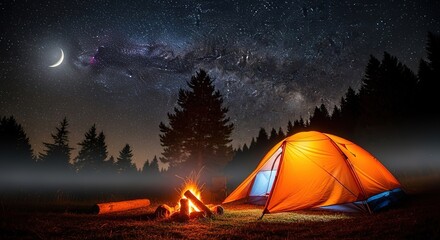 Experience stunning night camping under the stars, bonfire crackling, tent glowing, and moon shining bright