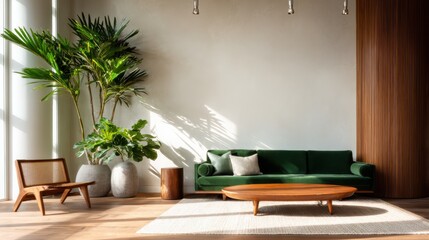 An airy, stylish living room featuring a green sofa, wooden furniture, and lush plants, creating a harmonious blend of comfort and contemporary design in a bright space.