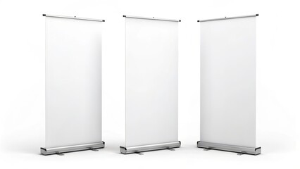 Three blank roll up banner stands isolated on white background