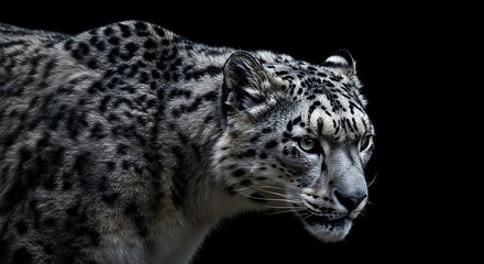 Obraz premium Majestic Snow Leopard Walking in Dark Background with Intense Focus and Sleek Fur