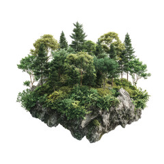 Floating island of lush trees, foliage, and rock, set against a black background