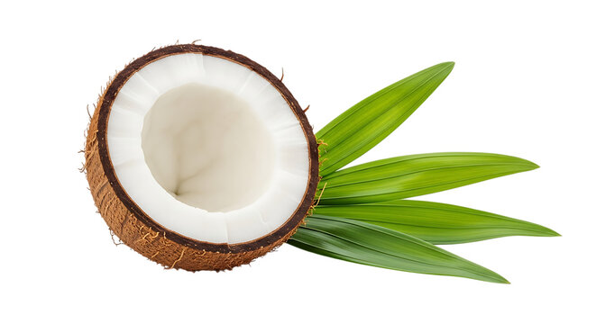 Half coconut with green leaves isolated on transparent background