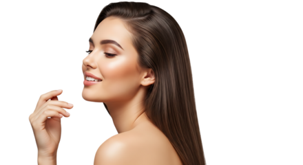 Beautiful woman smiling with eyes closed isolated on transparent background