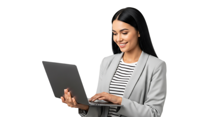 Young woman working on a laptop isolated on white background