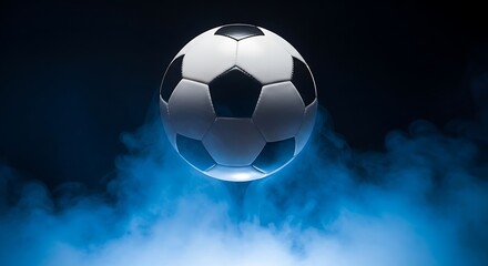 Fototapeta premium Soccer ball suspended in blue smoke with dramatic lighting