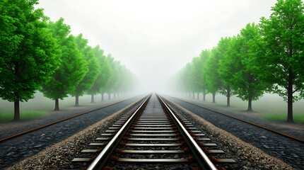 Fototapeta premium Railroad tracks disappearing into a foggy horizon lined with green trees