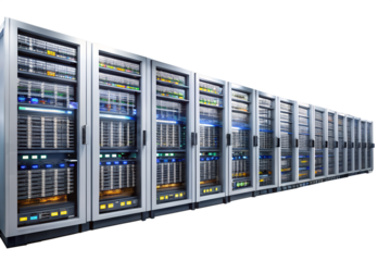 Row of servers in data center isolated on transparent background, providing network infrastructure for cloud computing and data storage