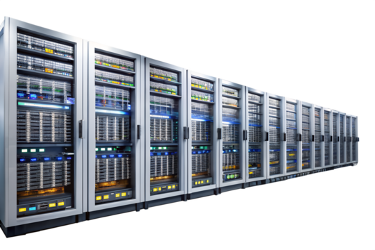 Row of servers in data center isolated on transparent background, providing network infrastructure for cloud computing and data storage
