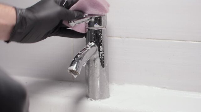 Man in gloves cleans chrome bathroom faucet with foamy descaler, removes limescale and water spots, shared chores restore shine