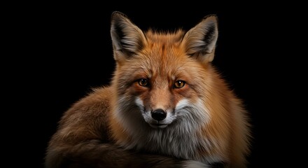 Fototapeta premium Fox with Reddish Fur and Bright Eyes Resting on Black Background