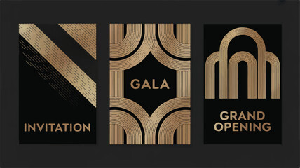Luxury Event Invitation Set Gala, Grand Opening Design with Abstract Gold Patterns